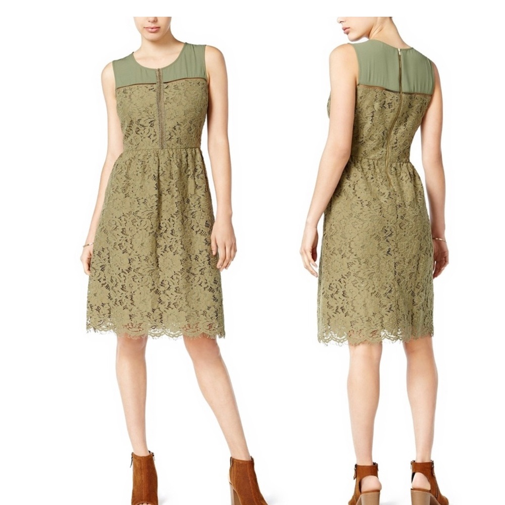 Maison Jules Fit &Flare Lace Sleeveless Eyelashes Hem Line  Burnt Olive Green 0